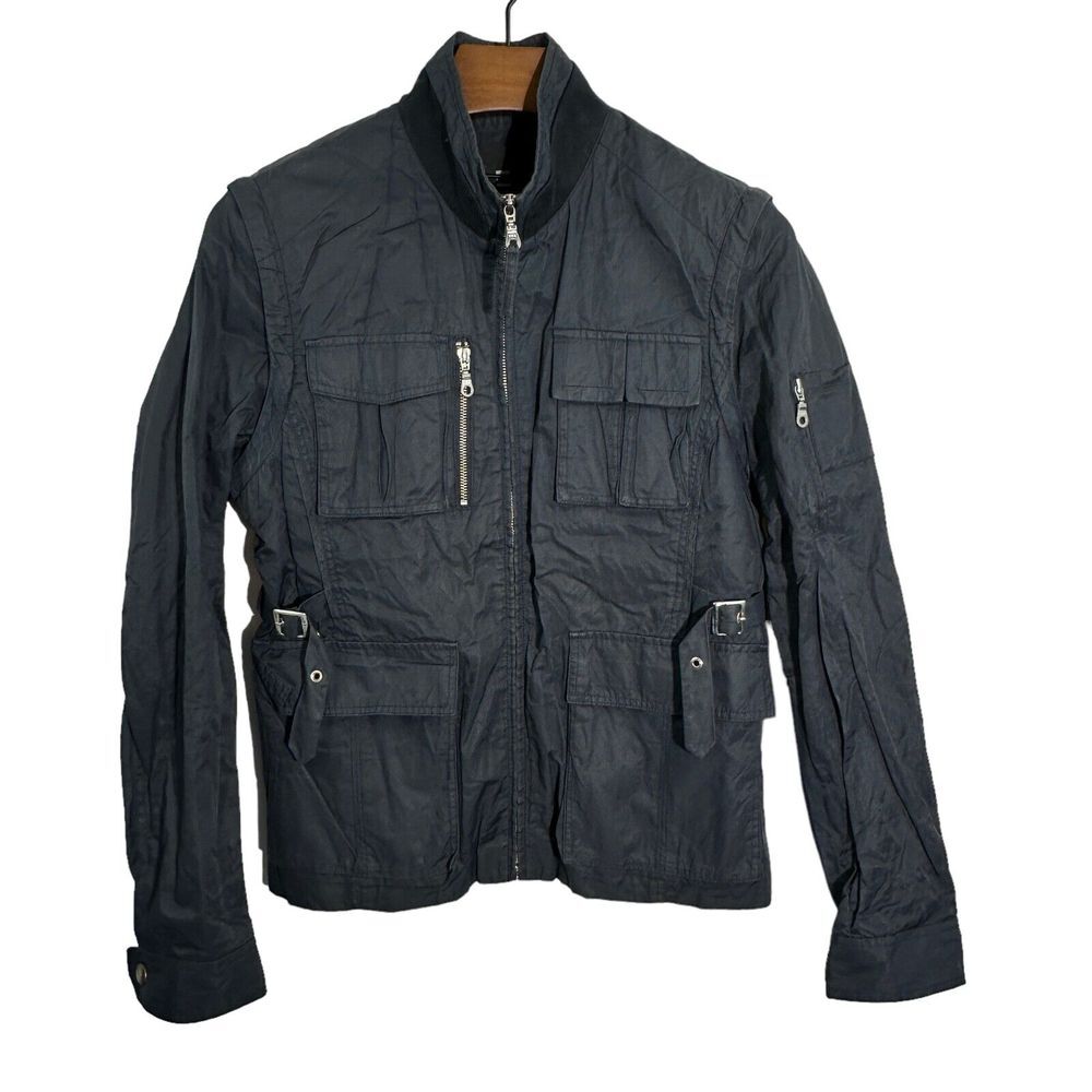 PAUL LA FONTAINE‎ Mens Navy Blue Full Zip Jacket Lined Pockets Buckles Medium